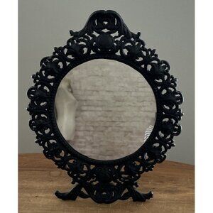 Black Cast Iron Easel Mirror Round Freestanding Tabletop Dresser Vintage